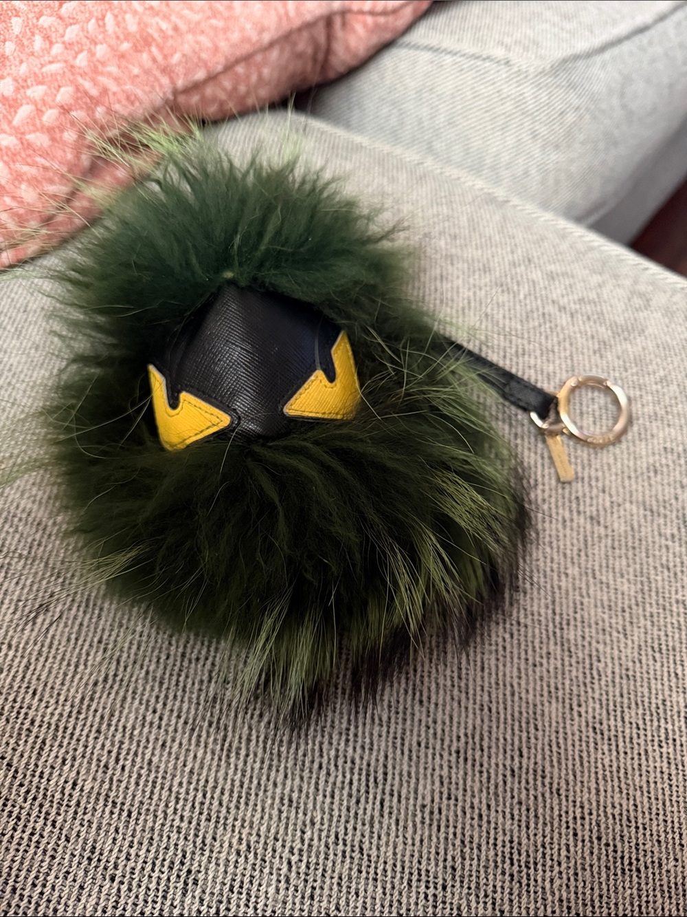 Fendi Dark Green Fur Monster Key & Card Holder with Yellow Eyes and Gold Ring